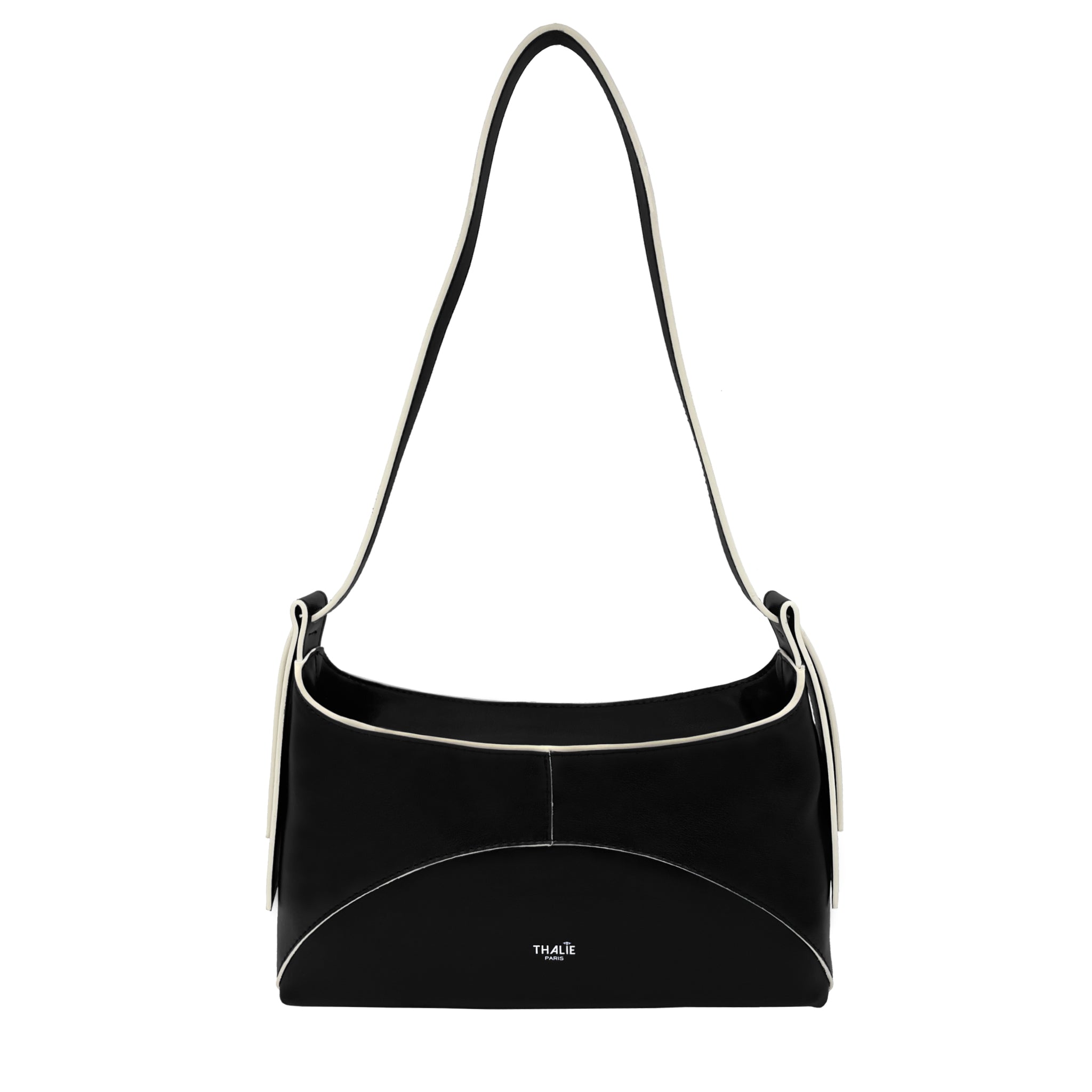 Front view of the Ambre Black vegan baguette bag made from cactus-based leather alternative.