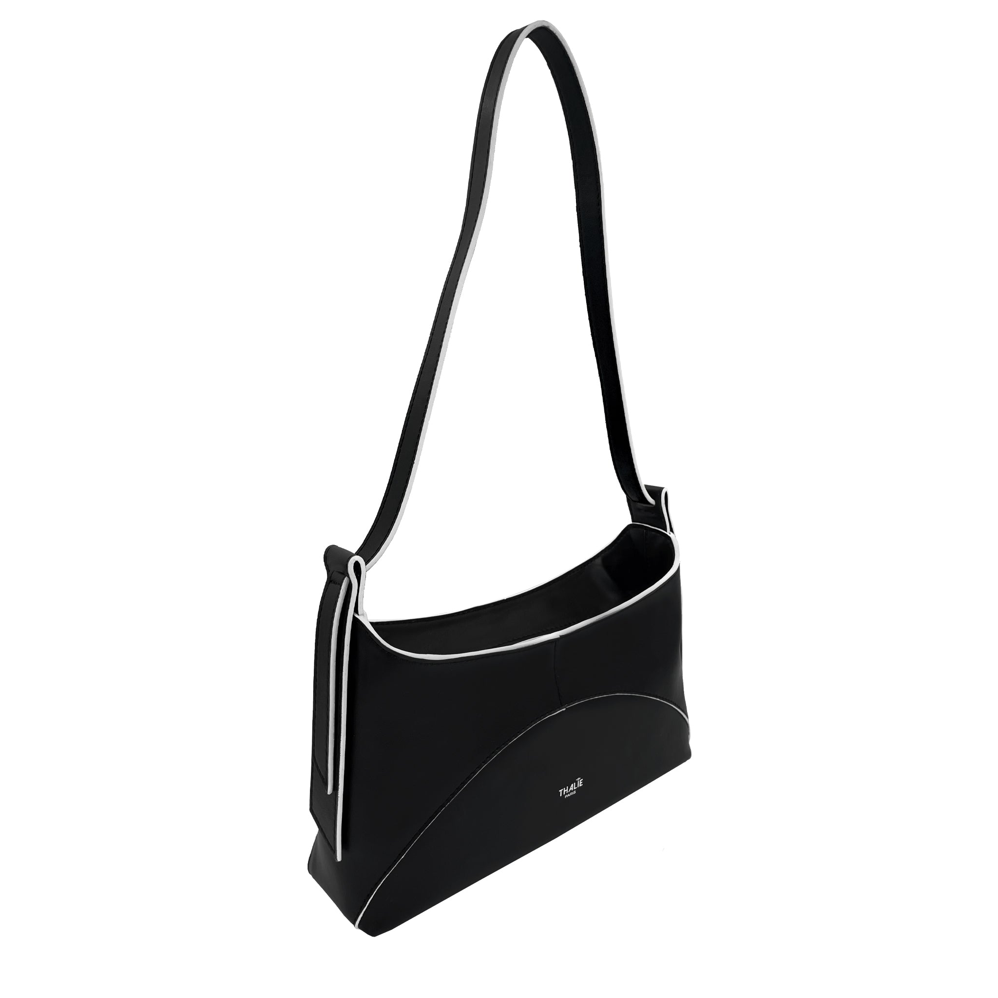 Side profile of the Ambre Black handbag with a timeless design and shoulder strap.