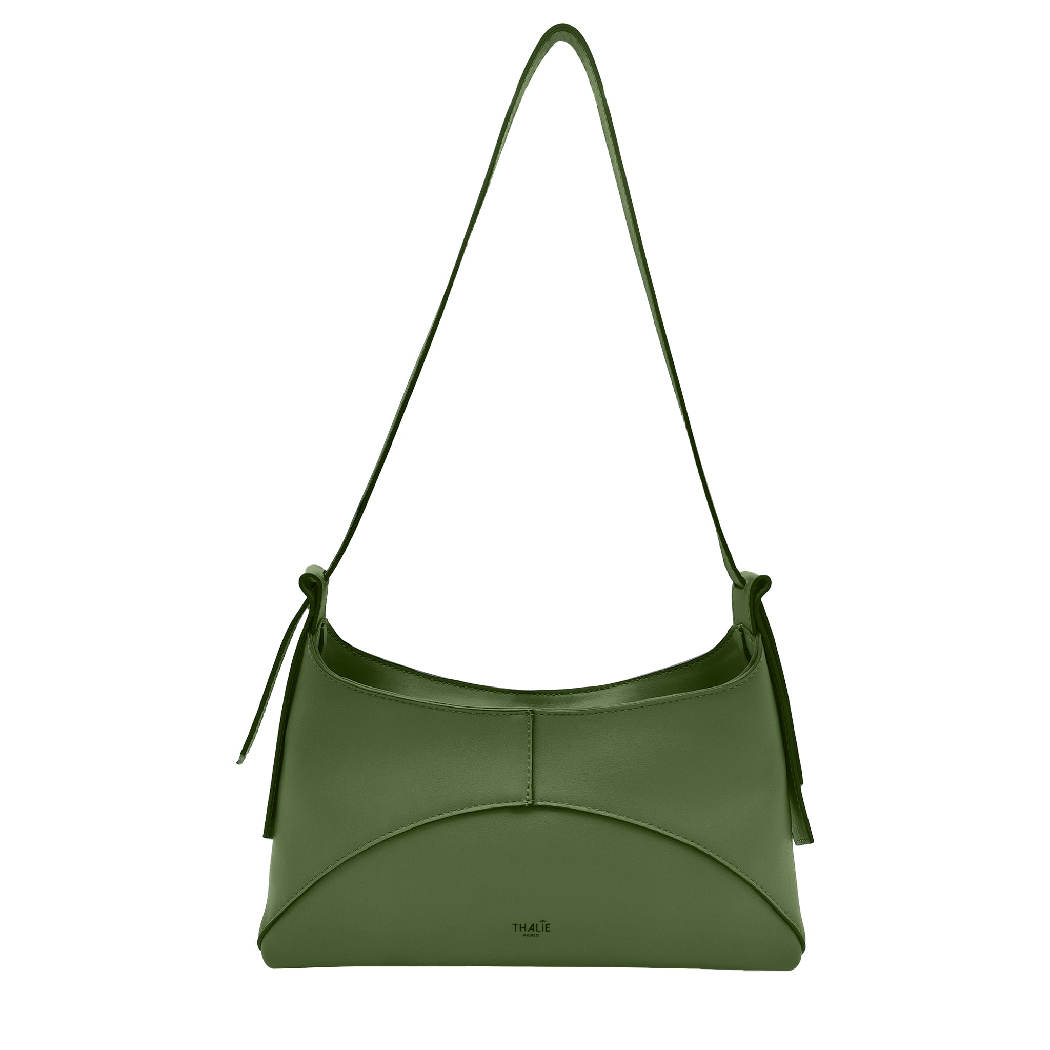 Front view of the Ambre Green vegan baguette bag crafted from cactus-based material.