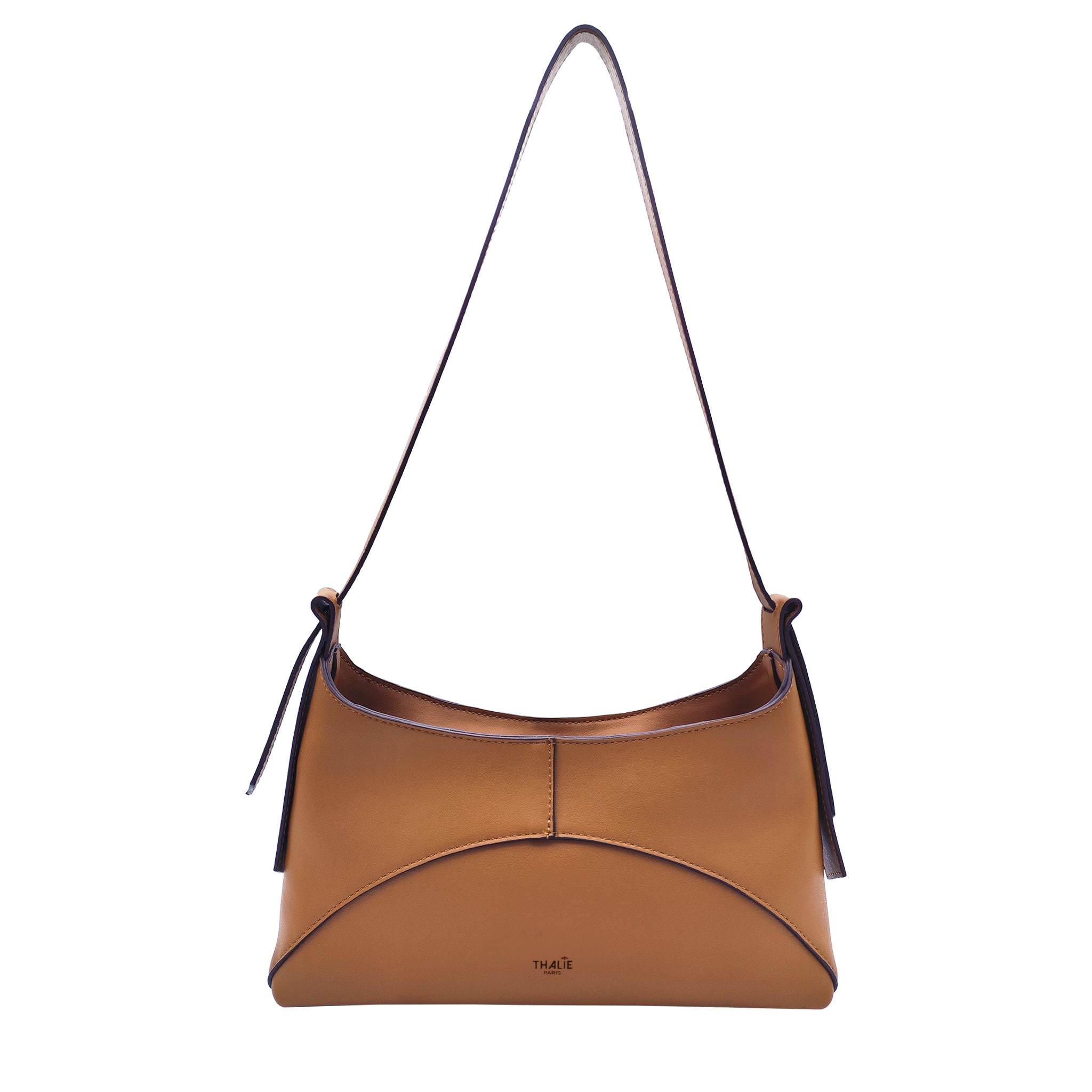 Front view of the Ambre Tan vegan baguette bag made from cactus-based material.