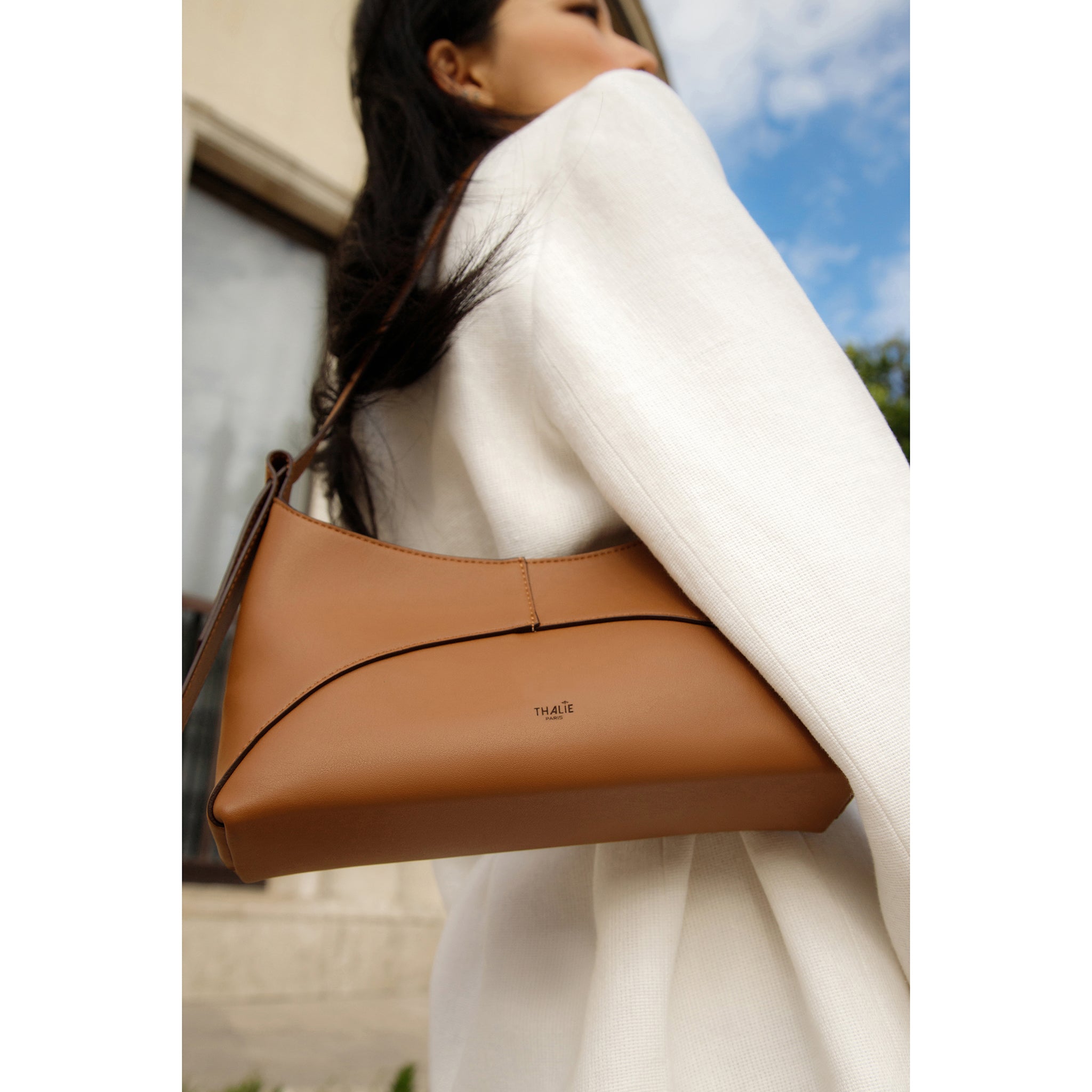 Ethical fashion look featuring the Ambre Tan eco-friendly baguette bag.