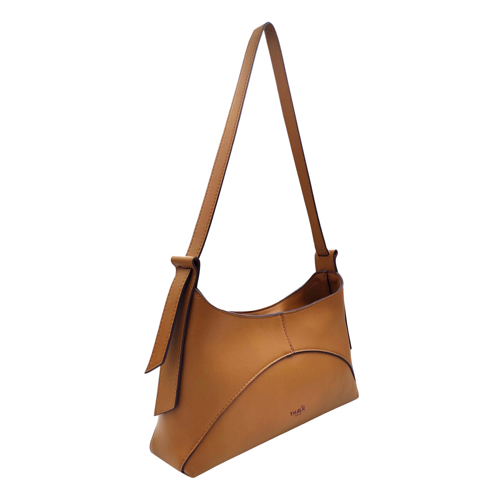 Side view of the Ambre Tan sustainable handbag with a structured silhouette.