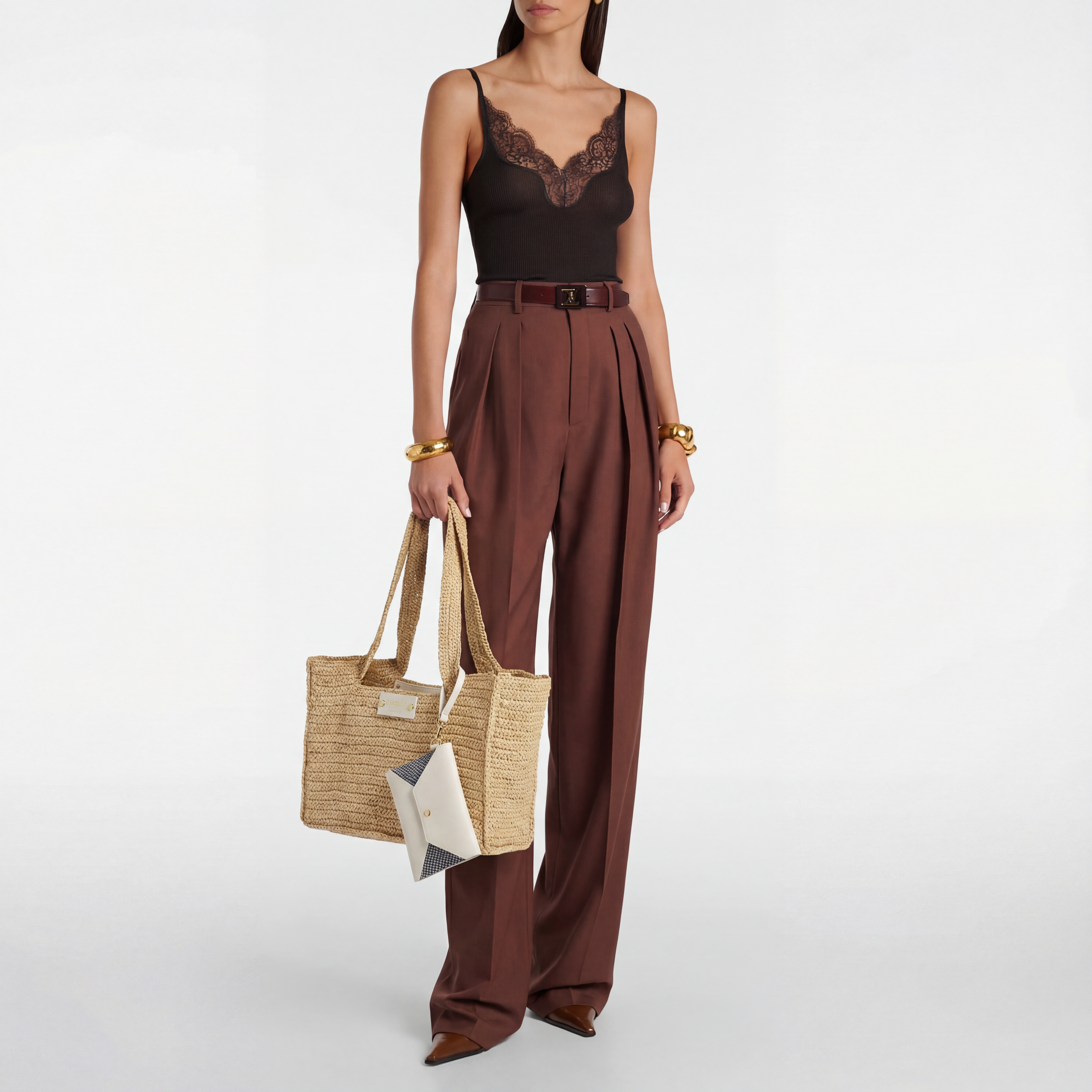 Celeste small raffia tote bag with detachable leather pouch in ecru/zebra, handwoven from natural raffia and crafted in France.