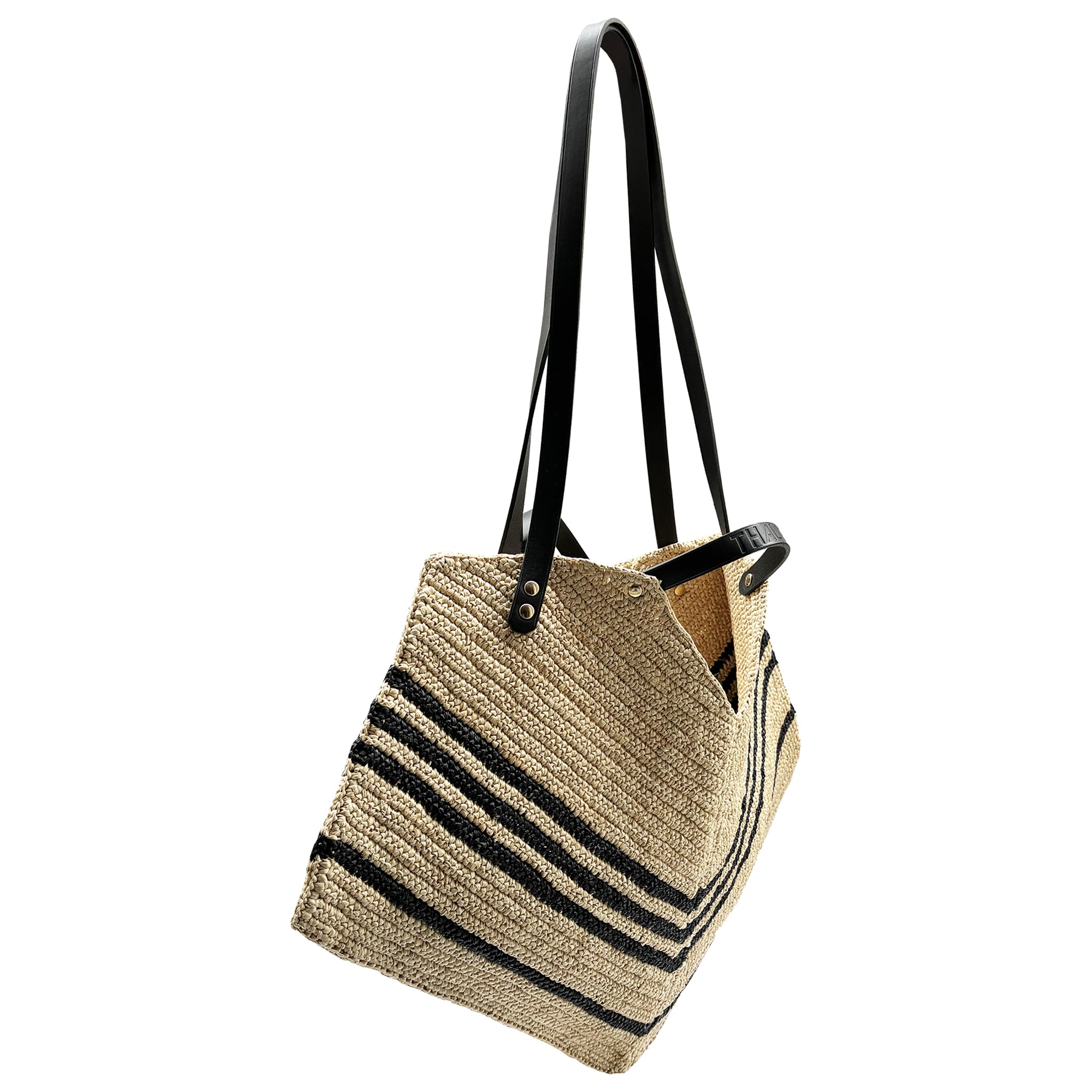 Luxury black raffia and leather tote bag for summer, made in France.