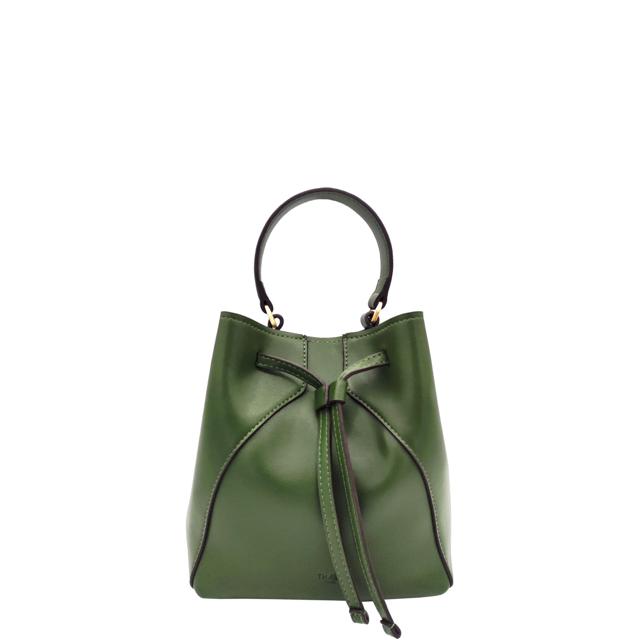 Front View: Mia Green Vegan Bucket Bag made from cactus material sustainable and stylish. Thalie Paris