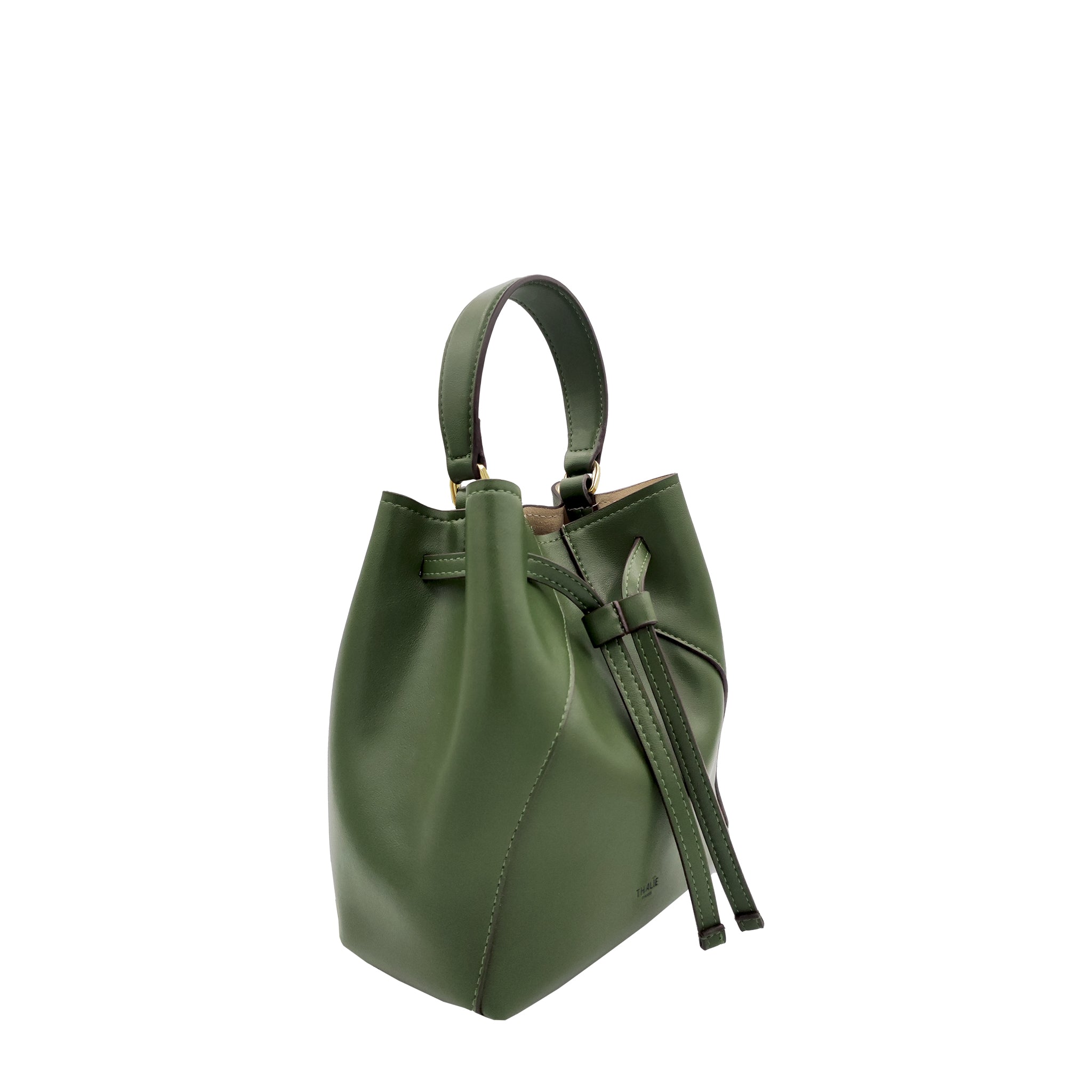 Side View: Eco-friendly Mia Green Bucket Bag crafted from cactus material with elegant design. Thalie Paris