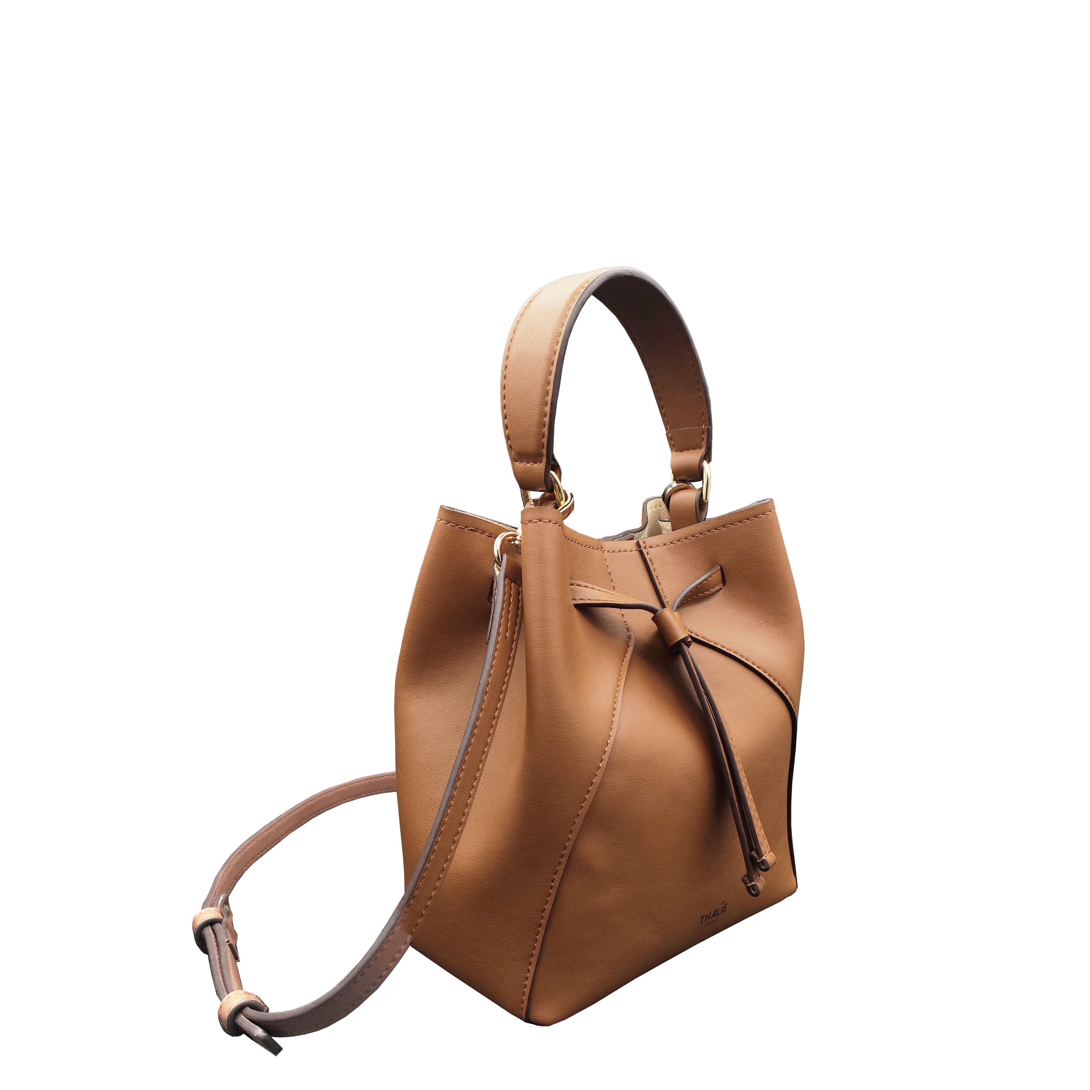 Warm and elegant Mia Tan Bucket Bag a perfect sustainable handbag choice. Thalie Paris. Side view