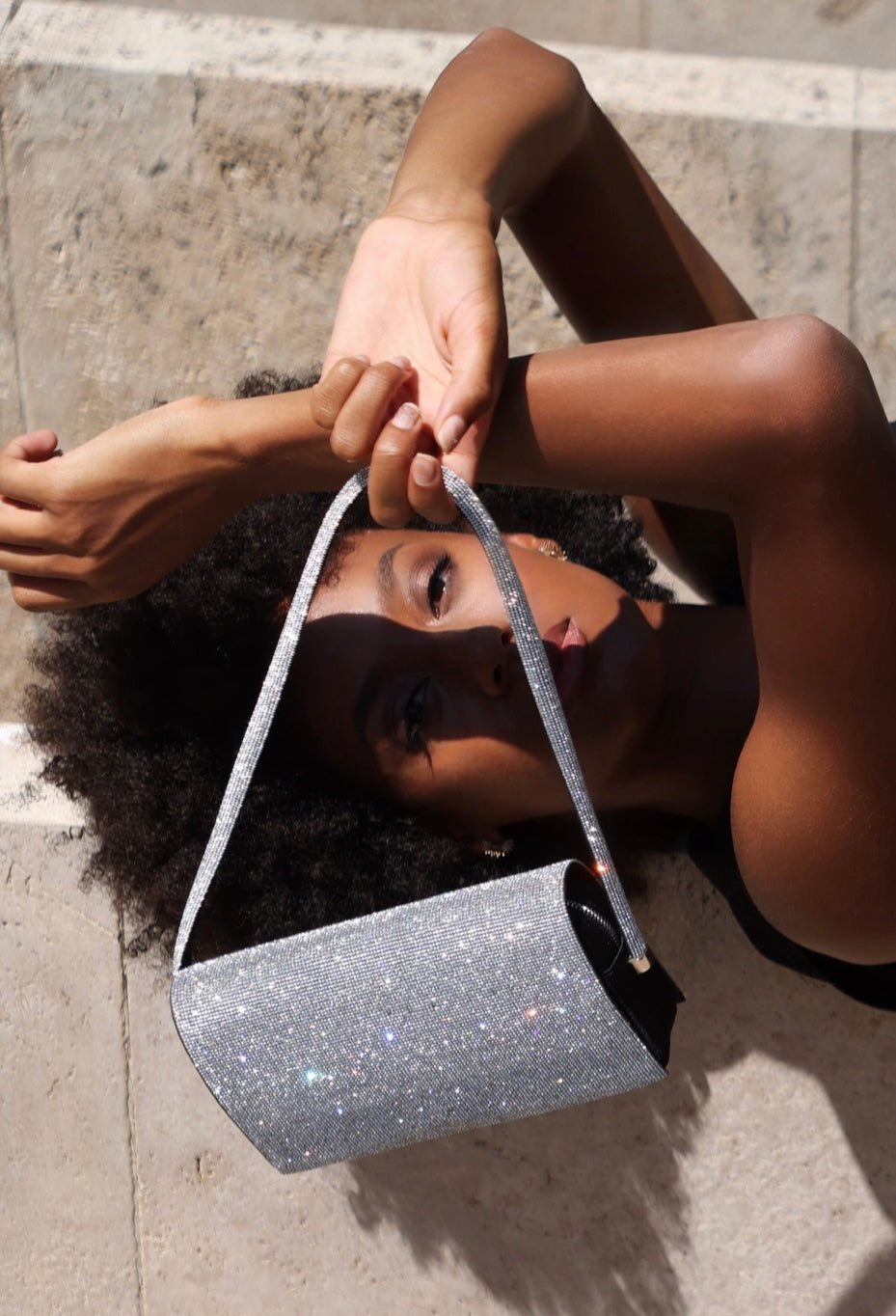 Luxury evening bag by Thalie Paris, silver strass handbag handcrafted in Italy with satin. Sustainable eco-luxury design for modern women.