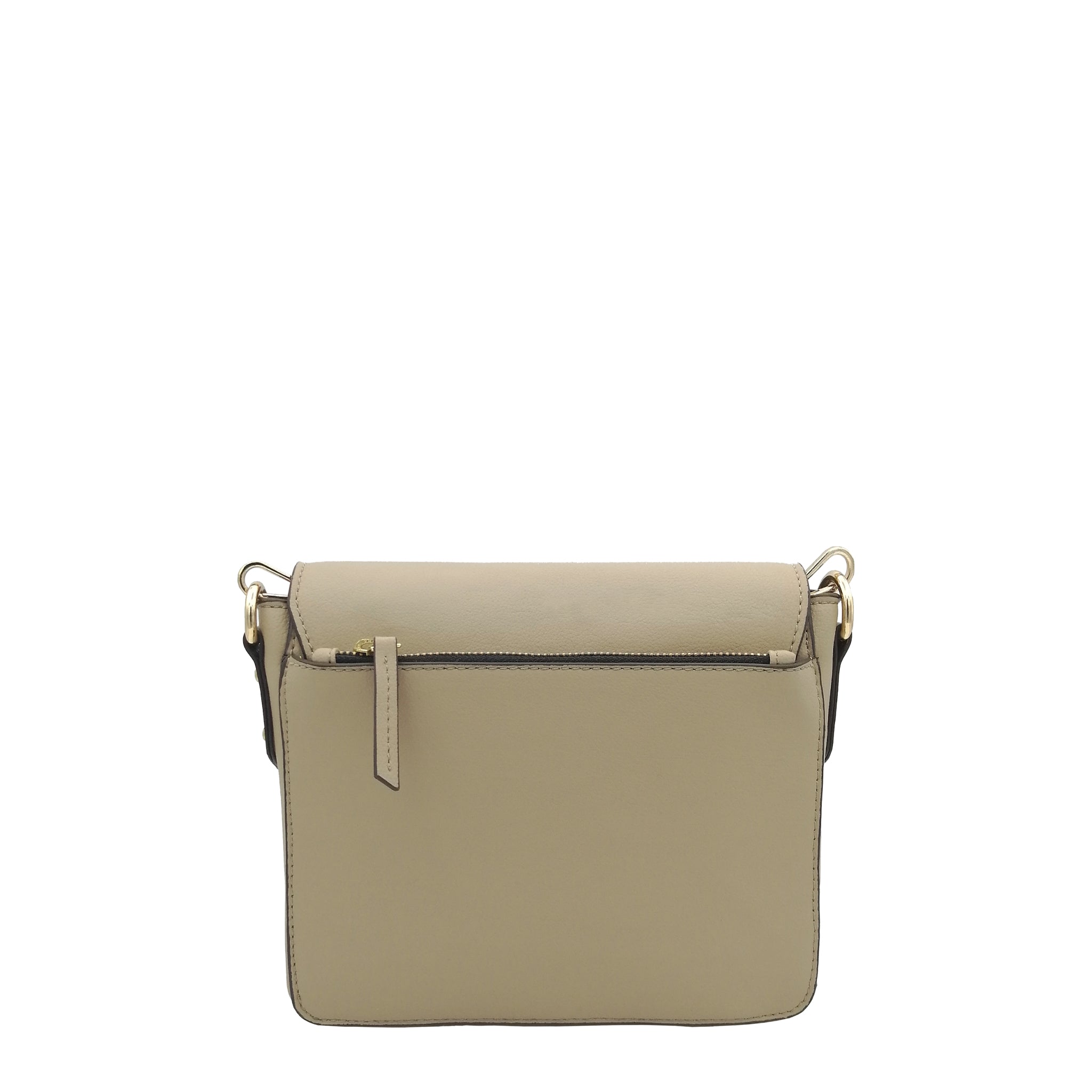 Back view of the Faustine crossbody bag in beige with a secure zipper pocket, crafted from PETA-certified cactus material.