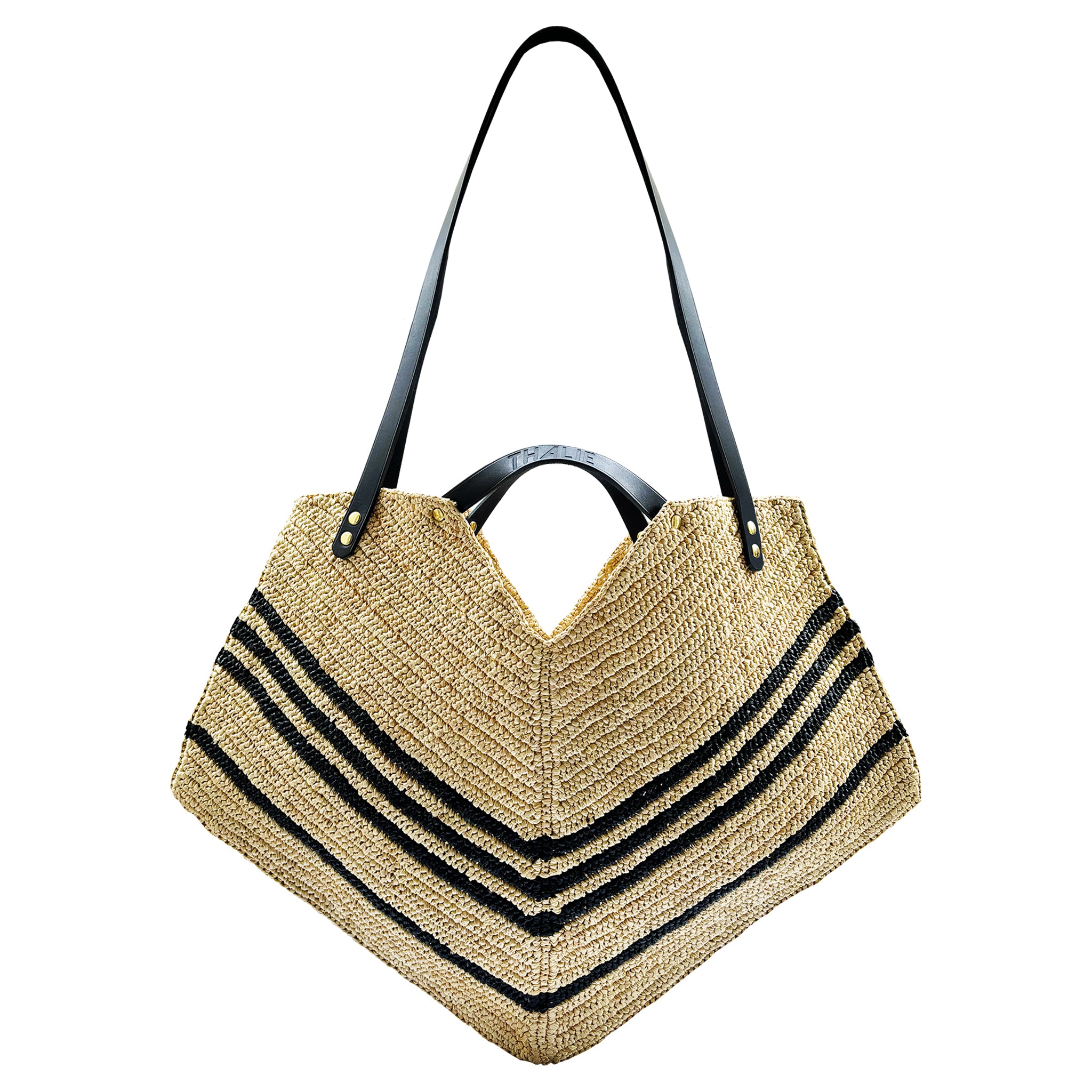 Coeur Raffia Tote Bag in black with leather handles, made in France.