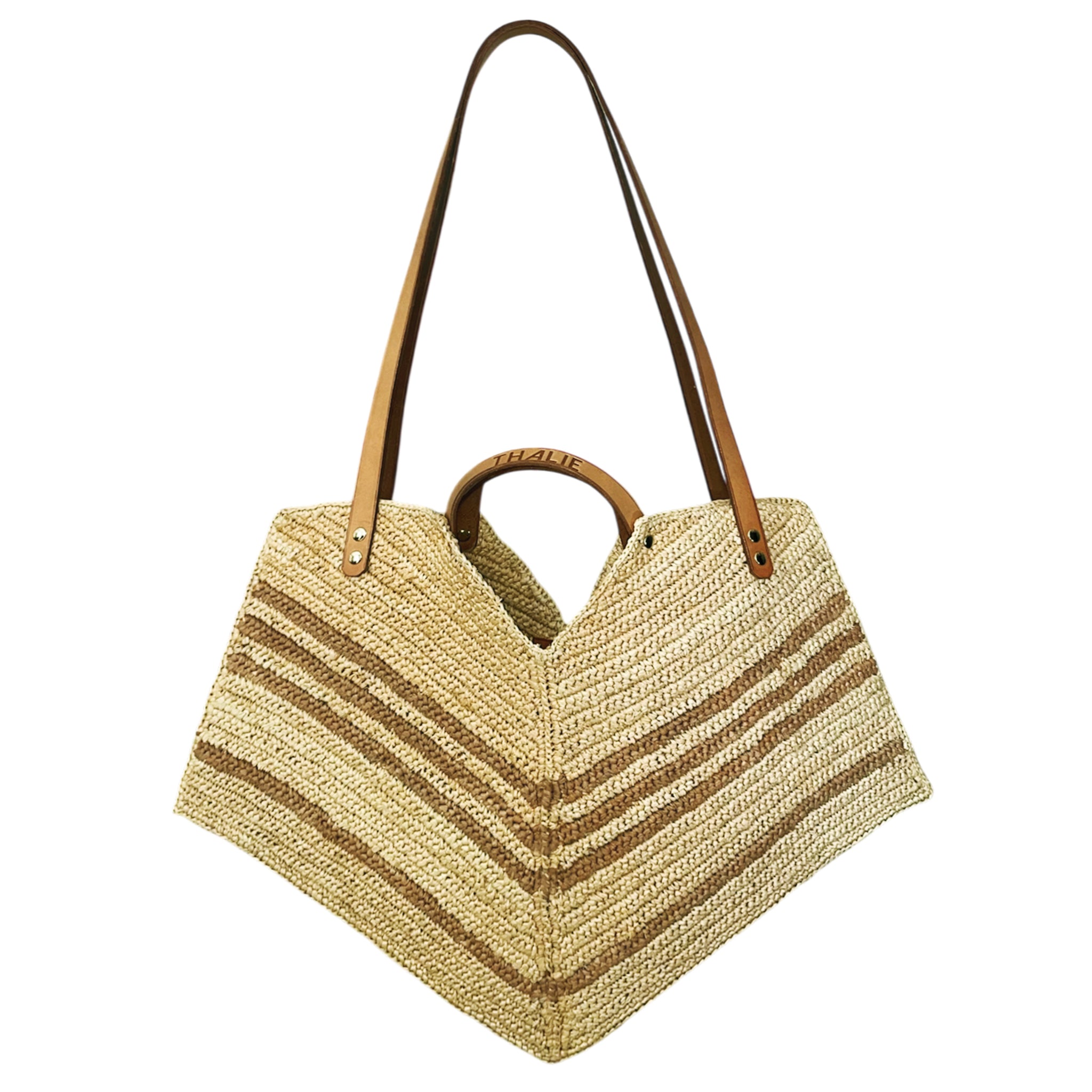 Coeur Raffia Tote Bag in tan with leather handles, handmade in France.